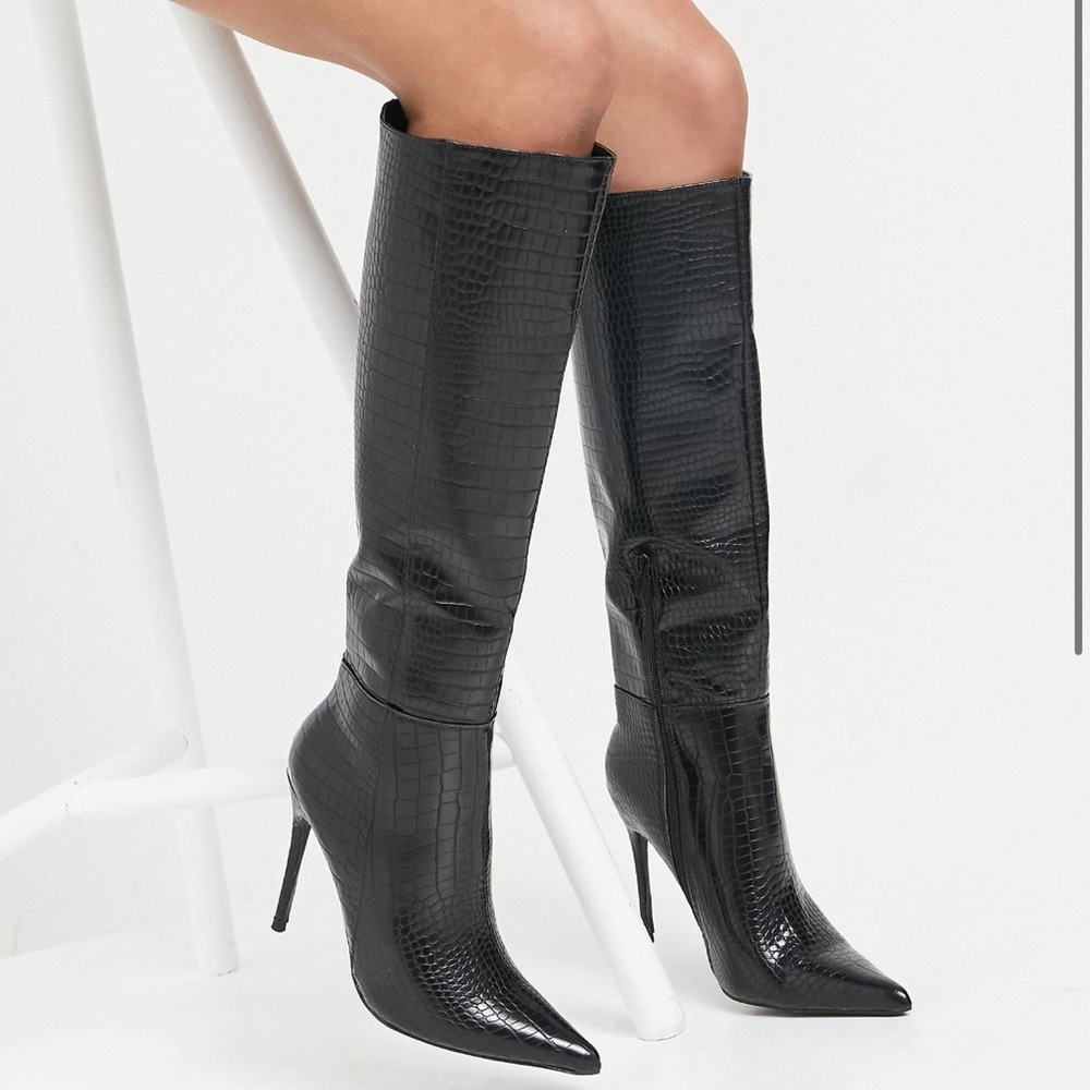 Public Desire Wide Fit Aimi knee boots in black croc